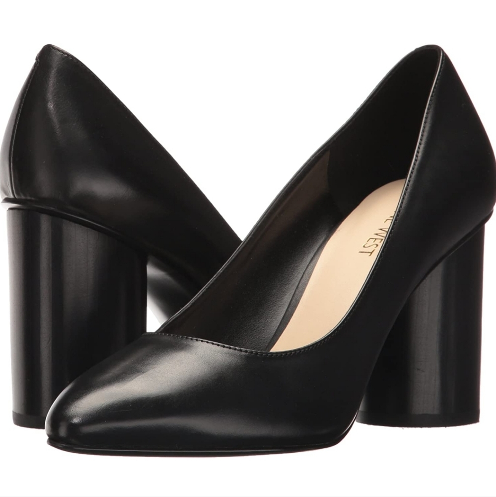Nine West Cardya black leather pump block chunky heel 6.5